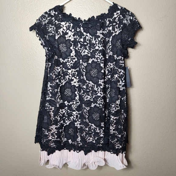 Aqua Black Lace Overlay Split Back Blush Pink Underlay Cocktail Dress-Size 4 NWT - Picture 1 of 11